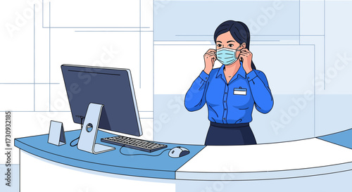 Illustration of a woman wearing a mask in an office setting during the pandemic era