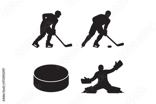 Hockey player silhouettes and puck icon set