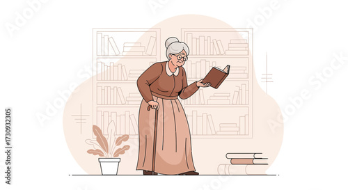 Illustration of an elderly woman reading a book in front of a bookshelf at home in a cozy interior