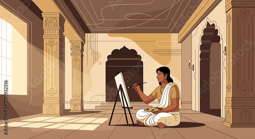 Illustration of an Indian woman artist painting on canvas in a traditional architectural space