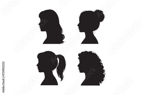 Diverse female hairstyles silhouettes on white background