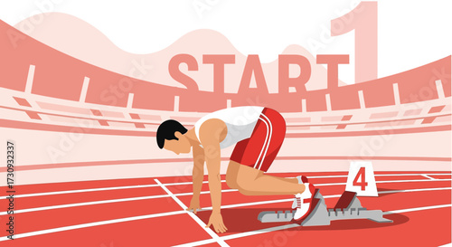 Illustration of athlete ready to start race in stadium with track and number 4 lane position
