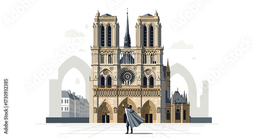 Illustration of Notre Dame Cathedral in Paris with a figure in the foreground pointing up a