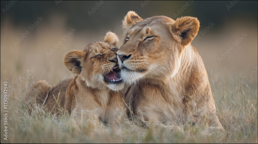 Obraz premium Lioness and cub golden hour tenderness African savanna wildlife big cat portrait safari close up grassland bokeh mother love family bond fine art photography natural light gentle nuzzle wild beauty