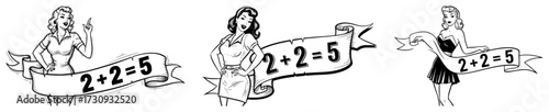 Pin Up Girls Holding 2 Plus 2 Equals 5 Scroll Banners Vintage Set