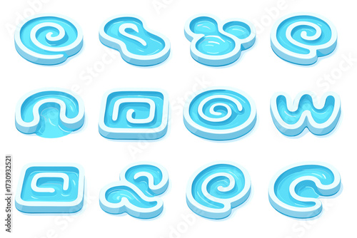 Set of blue glossy gel shapes with swirls and abstract designs