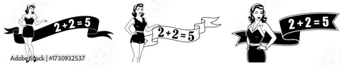 Retro Pin Up Girls with 2 Plus 2 Equals 5 Ribbon Emblems