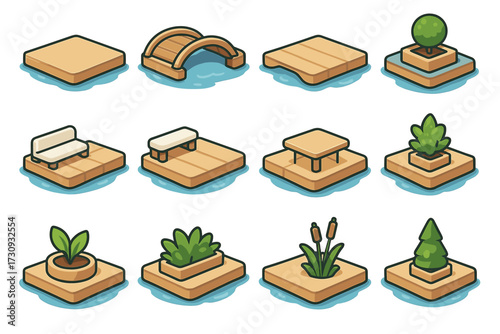 Isometric floating platforms with plants and structures in calm waters