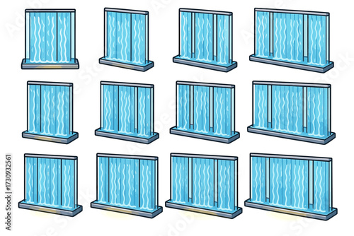 Eleven blue glass panels with rippled water effect in various states