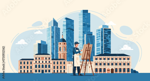 Illustrative artist painting a cityscape scene with buildings and skyscrapers artwork creation