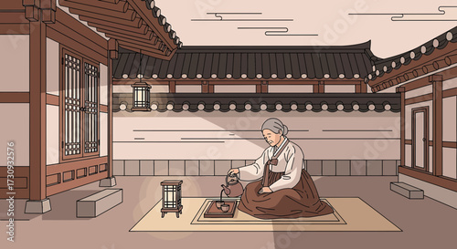 Illustrative depiction of a Korean woman in traditional Hanbok performing tea ceremony in