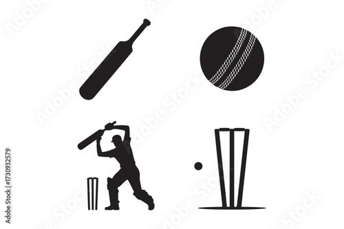 Cricket sport icons silhouette bat ball wicket and player