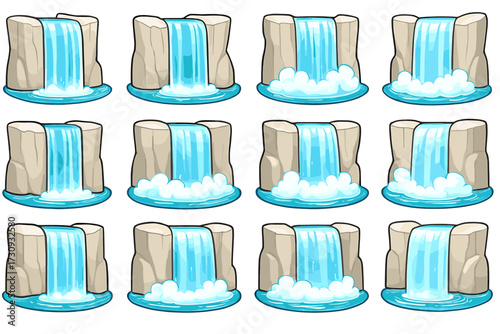 Twelve cartoon waterfalls with cascading water and splashing pools