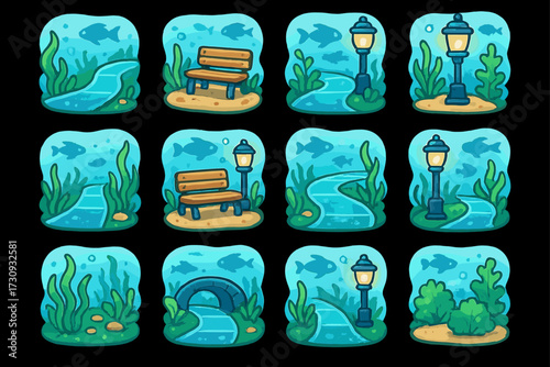 Cartoon underwater park scenes with fish, benches, and lampposts