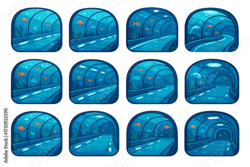 Aquarium tunnel with colorful fish and glass walls in various designs