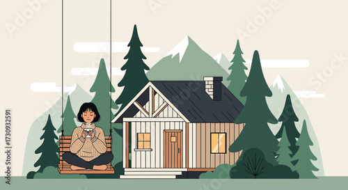 Illustrative depiction of a woman relaxing on a swing near a cozy cabin in the woods surrounded by