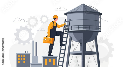 Illustrative depiction of an industrial worker ascending a ladder on a water tower structure