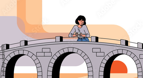 Illustrative serene moment woman bridge with warm drink enjoying tranquil scenery