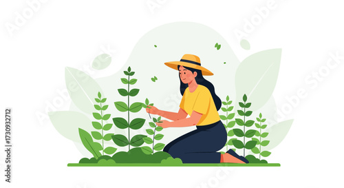 Illustrative woman tending her garden with care and wearing a sun hat on a sunny day