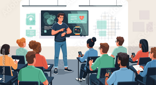 Instructor demonstrating smart watch technology to students in modern classroom setting