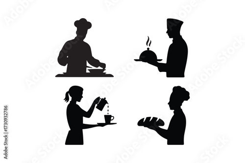 Silhouettes of chefs in various culinary actions and serving food