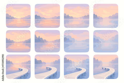 Serene lakeside views with sunset reflections and tranquil pathways
