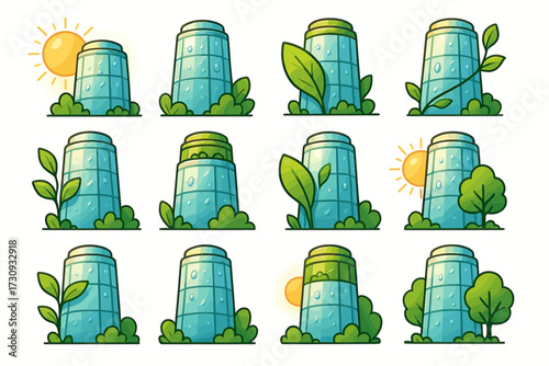 Evolution of plants growing around glass silos under the sun