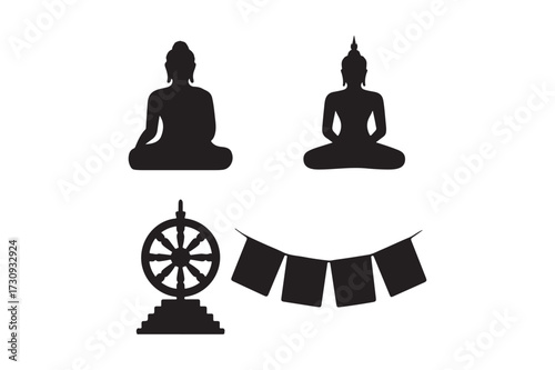 Buddhist symbols silhouettes meditation dharma wheel prayer flags