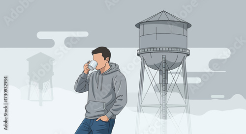 Man enjoying a coffee break in front of a water tower on a cloudy day in a cityscape illustration