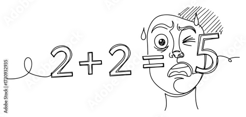Worried Man with 2 Plus 2 Equals 5 Minimal Line Drawing