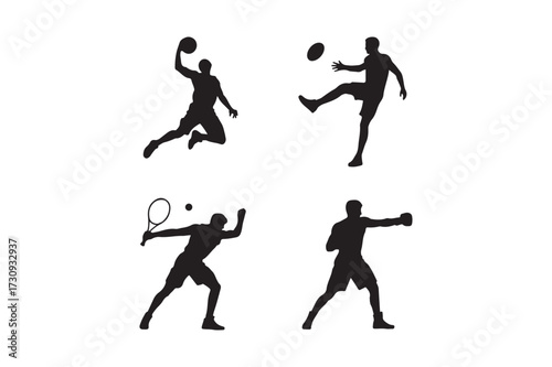 Silhouettes of athletes playing four different sports