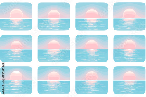 Pastel sunset with reflective ocean: series of soft gradient sunsets over water