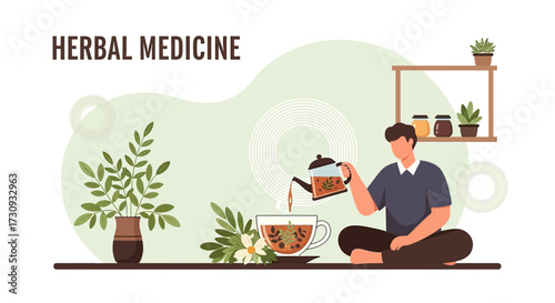 Man pouring herbal tea, concept of natural medicine and healthy lifestyle vector illustration for