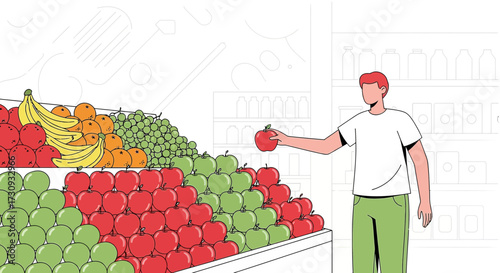 Man choosing a fresh red apple at a grocery store fruit stand with various fruits illustration