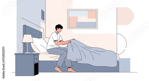 Man making his bed in the morning routine inside the bedroom concept illustration