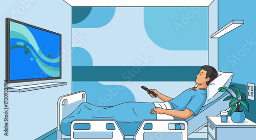 Man Resting in Hospital Bed Enjoying Television Entertainment for Recovery Comfort