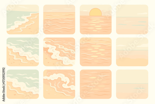 Minimalist coastal scenes: calm ocean and serene beach illustrations
