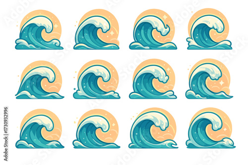 Cartoon waves collection with stylized ocean water forms and sun background