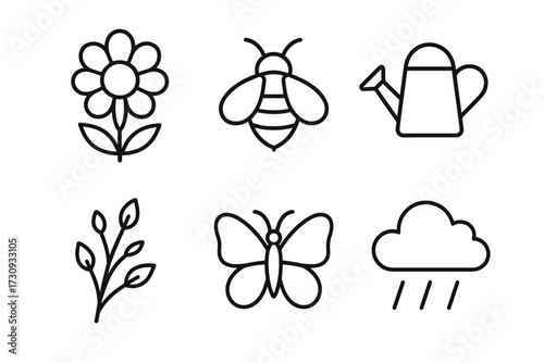 Garden icons: flower, bee, watering can, plant, butterfly, rain cloud