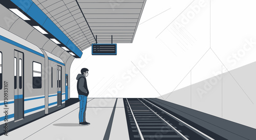 Man with mask waiting for train at subway station during the pandemic era