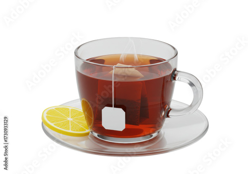 Tableau sur toile Glass cup of black tea with lemon slice isolated, refreshing beverage with teaba
