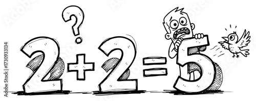 Absurd Cartoon Illustration of a 2+2=5 Equation