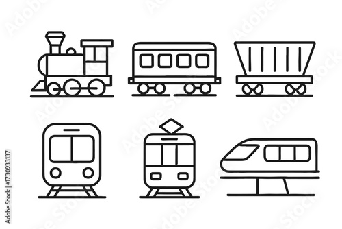 Collection of six train icons including locomotive and modern train designs