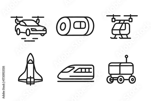 Futuristic transportation icons - drones, high-speed train, spacecraft, rover, hyperloop
