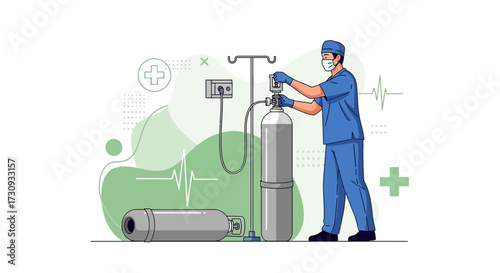 Medical professional adjusting oxygen tank in clinical setting with life support equipment