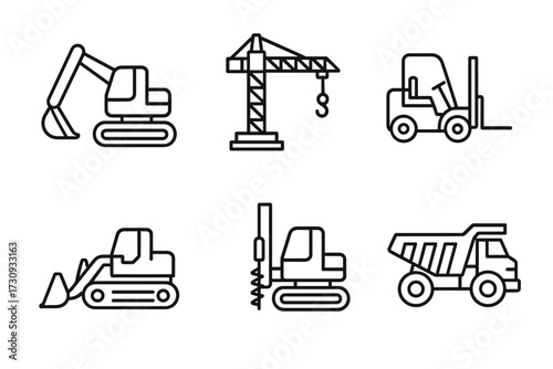 Outline icons of construction machinery: excavator, crane, forklift, bulldozer, drill, dump truck