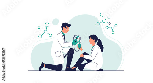 Medical professional administering oxygen mask to a patient with supportive molecule illustration