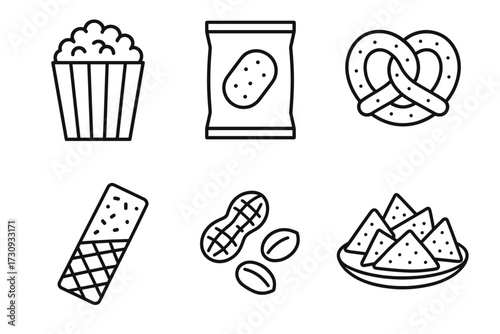 Outline icons of popular snacks: popcorn, pretzels, chips, nuts, granola bars, nachos