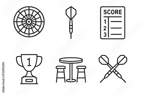 Darts game icons: dartboard, trophy, scoreboard, darts, table