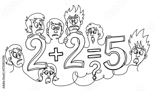 Cartoon Crowd Shocked by a 2+2=5 Mathematical Fallacy